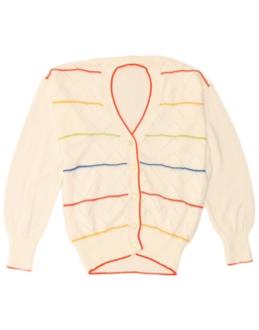 Suéter cardigã feminino vintage Reino Unido 12 listrado branco médio