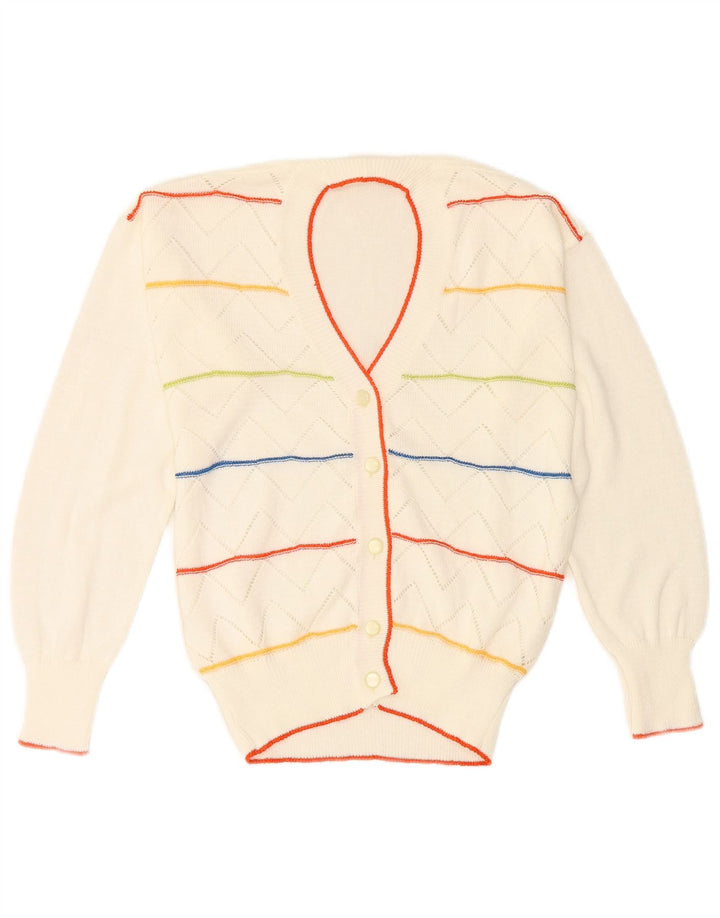 Suéter cardigã feminino vintage Reino Unido 12 listrado branco médio