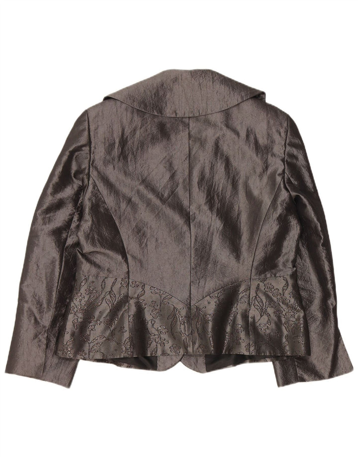 Cardigan feminino JOHN BENTLEY Reino Unido 14 grande poliéster floral cinza