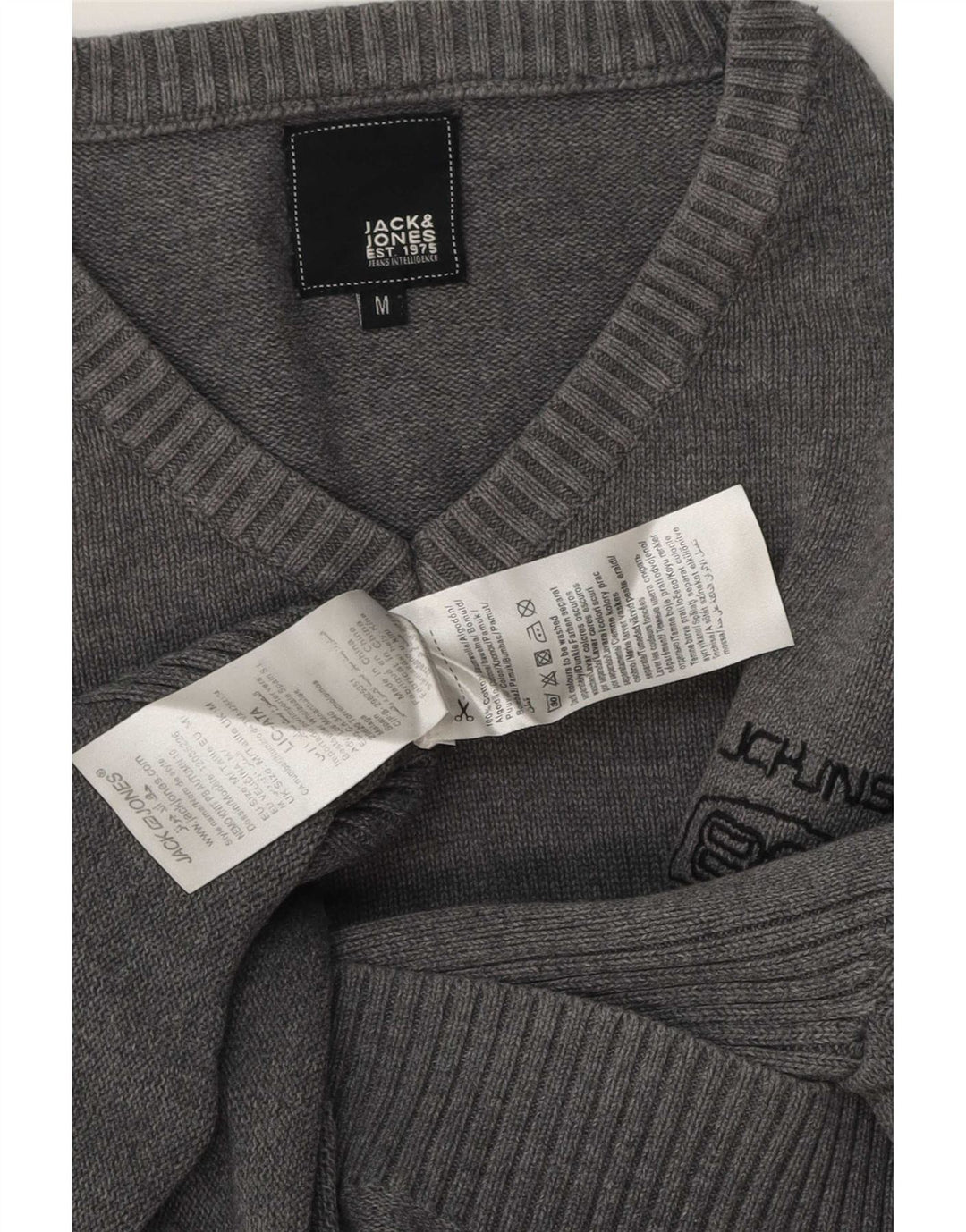 Suéter masculino Jack & Jones com decote em V de algodão cinza médio