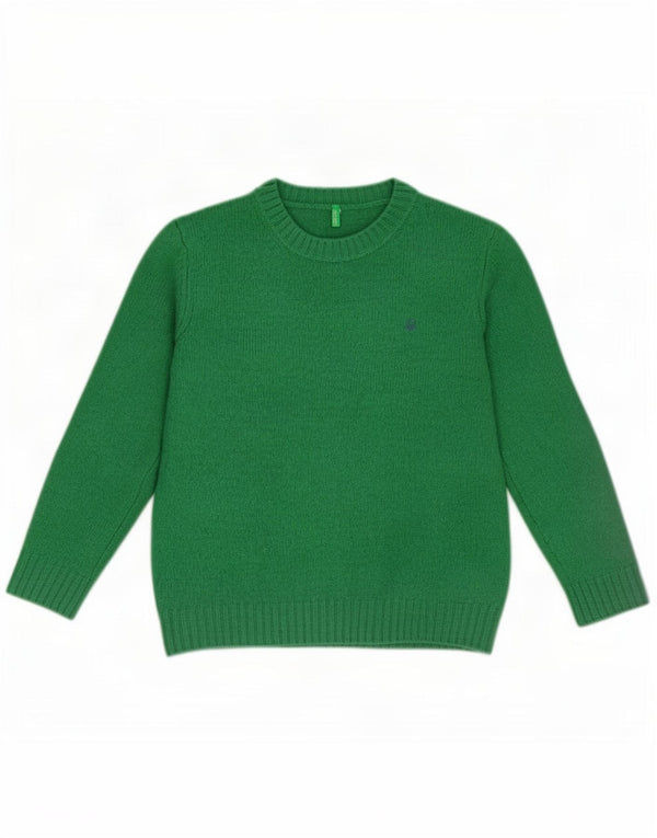 Suéter feminino Benetton com gola redonda UK 12 lã virgem verde médio