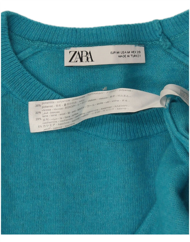 Suéter feminino Zara com gola redonda UK 12 médio turquesa poliamida