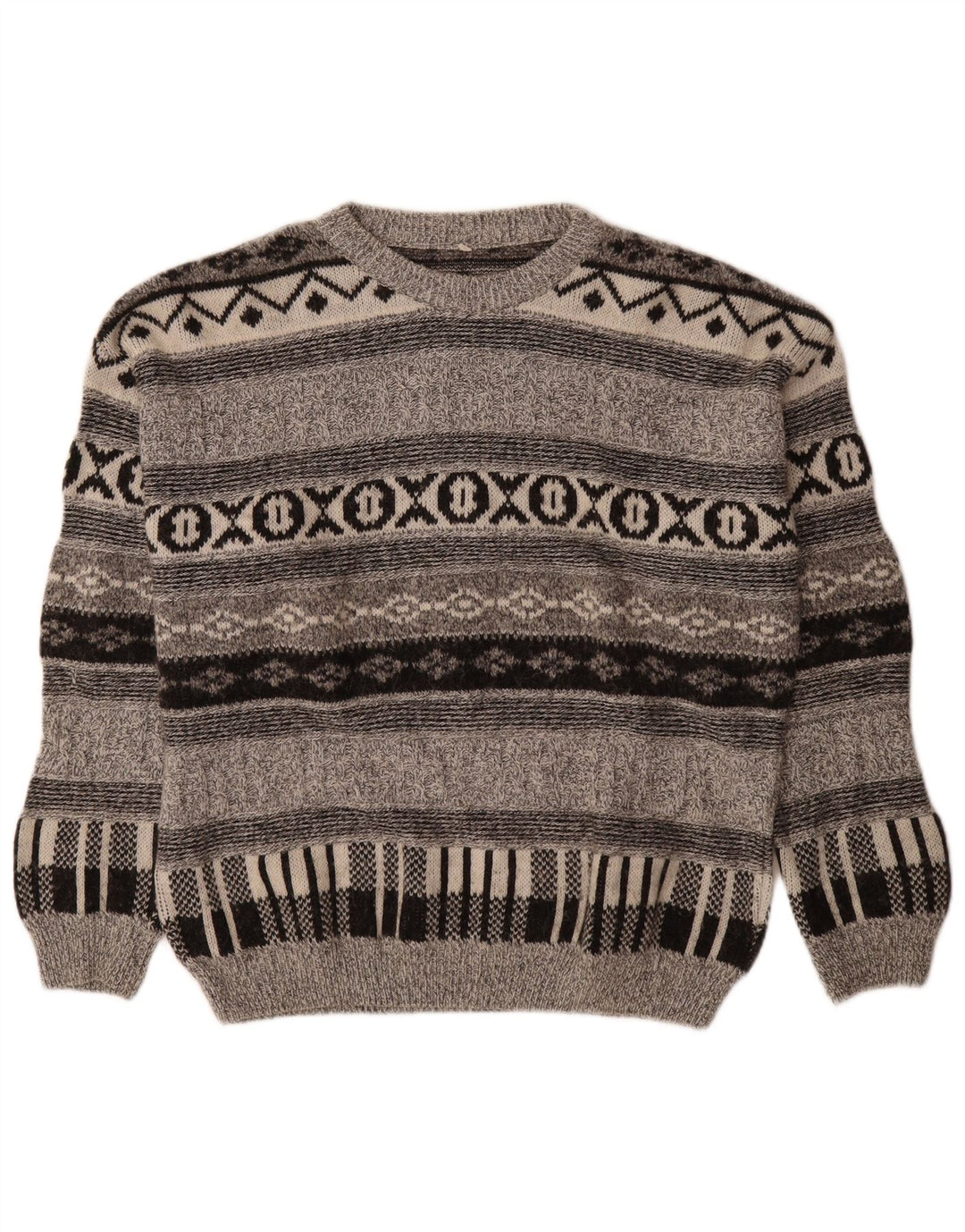 Suéter vintage masculino com gola redonda e lã geométrica cinza médio