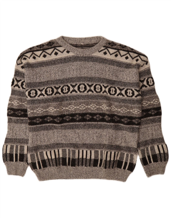Suéter vintage masculino com gola redonda e lã geométrica cinza médio