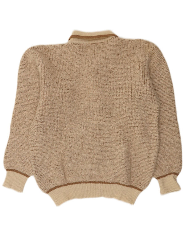 Suéter masculino vintage com gola polo, lã de alpaca manchada bege médio