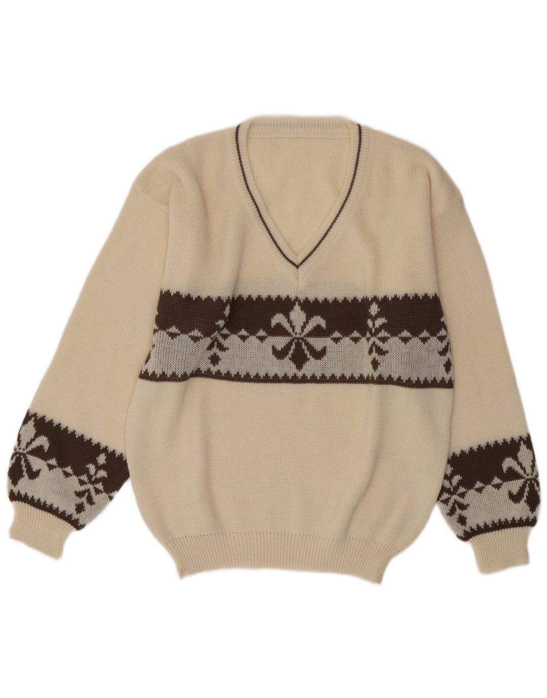 Suéter masculino vintage com decote em V grande lã branca Fair Isle