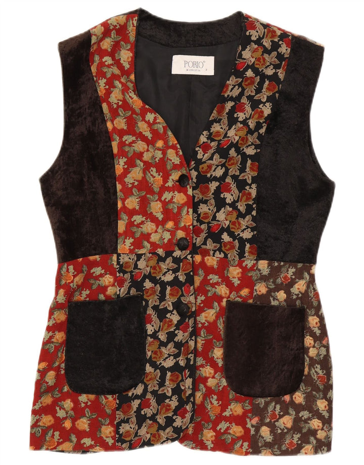 Colete feminino vintage UK 14 médio multicolorido patchwork lã