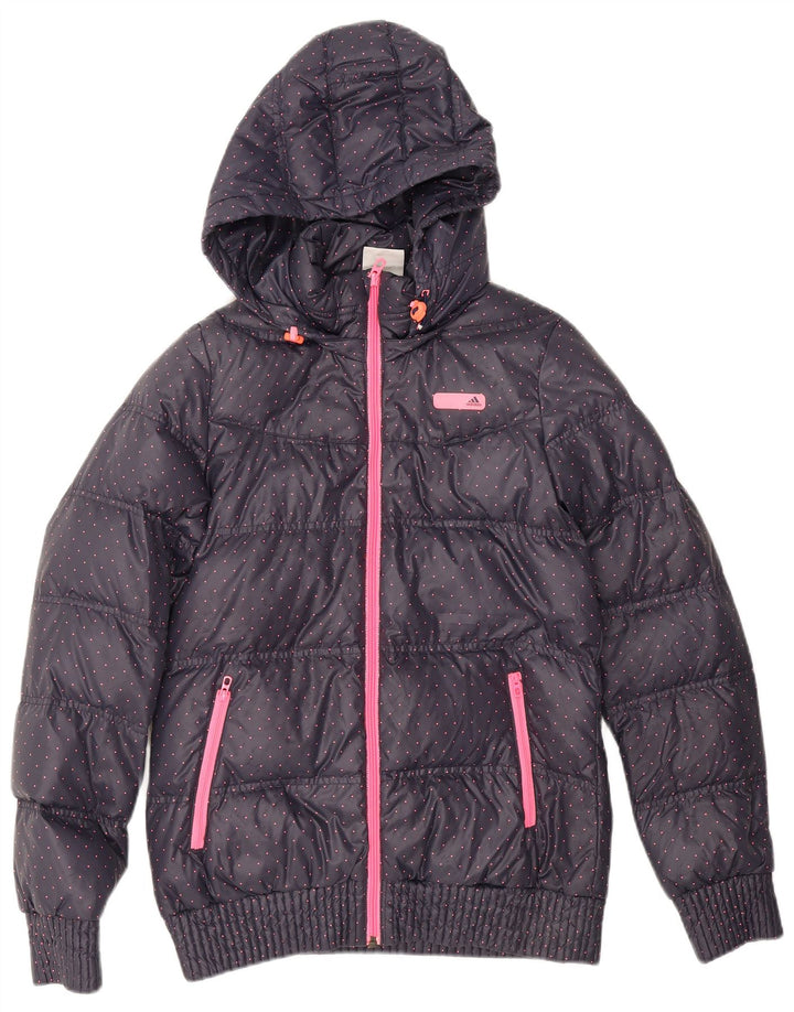 Jaqueta acolchoada com capuz feminina Adidas UK 12 poliéster manchado azul marinho médio