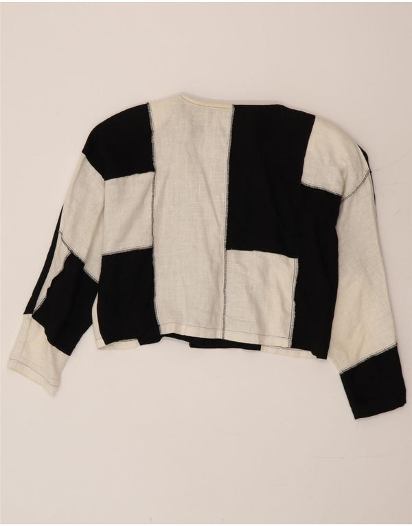 Top bolero feminino vintage folgado Reino Unido 14 linho colorblock preto médio