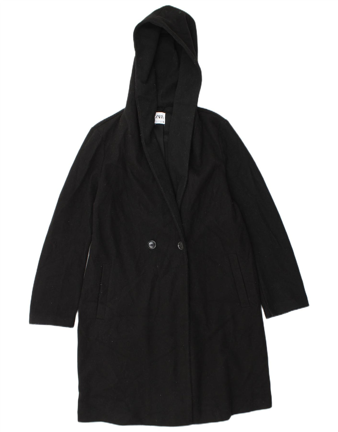 Casaco feminino Zara com capuz grande e trespassado duplo Reino Unido 10 pequeno preto
