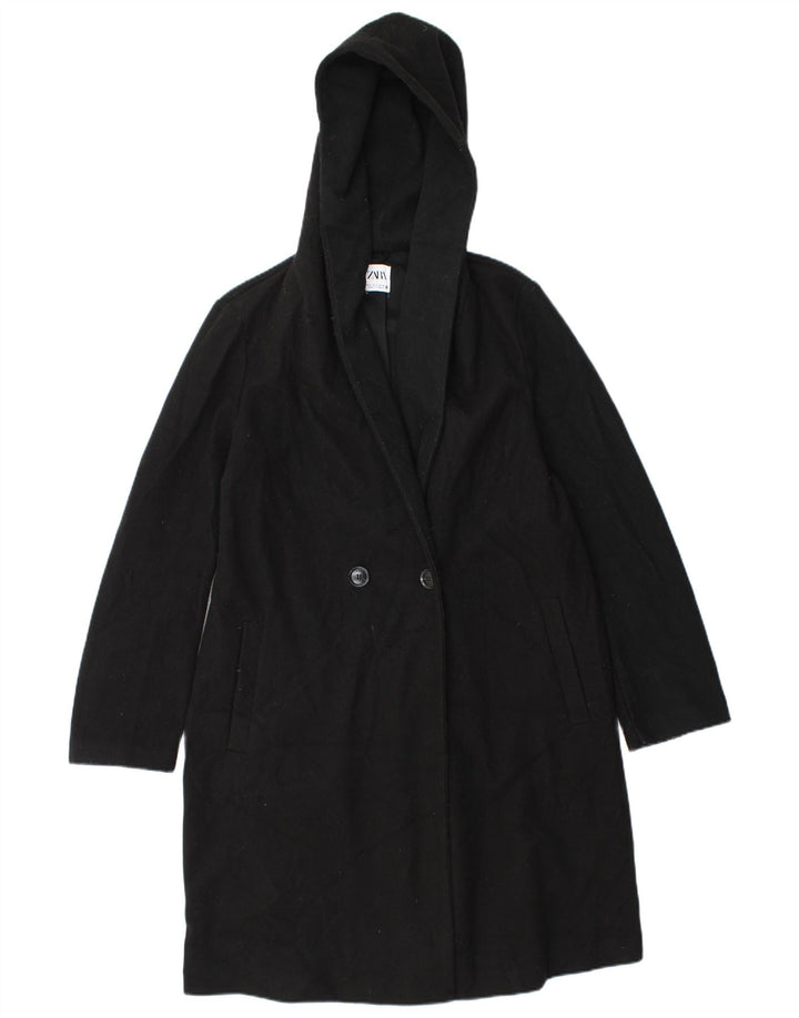 Casaco feminino Zara com capuz grande e trespassado duplo Reino Unido 10 pequeno preto