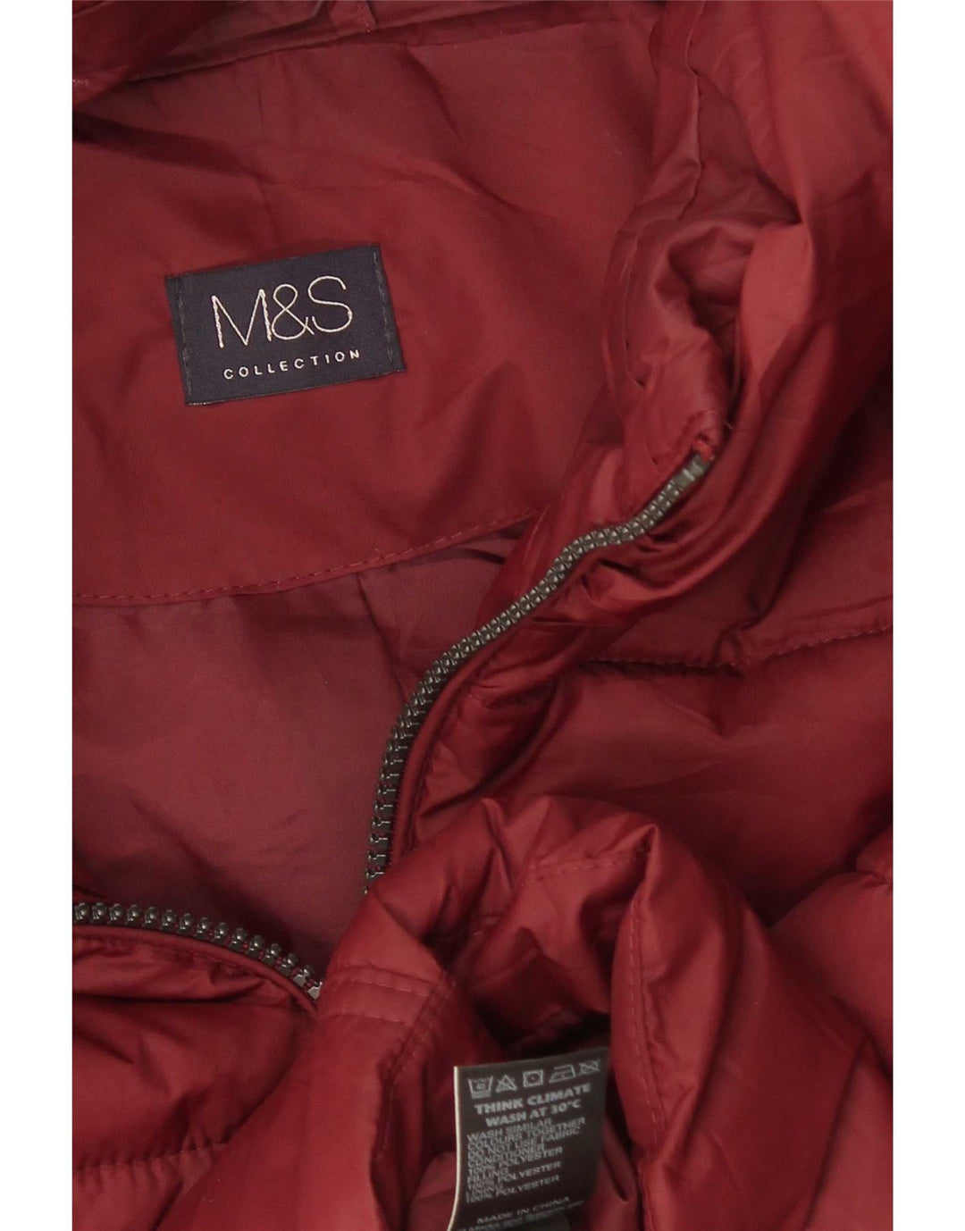 Jaqueta feminina acolchoada com capuz Marks & Spencer Reino Unido 12 poliéster médio Borgonha
