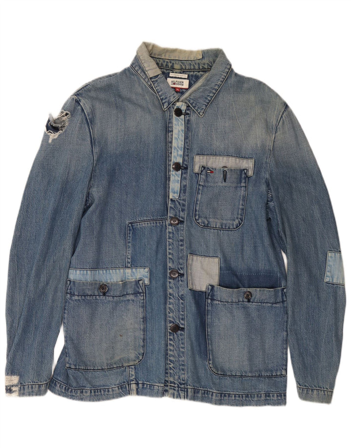 Jaqueta jeans feminina Tommy Hilfiger desgastada Reino Unido 18 XL azul patchwork
