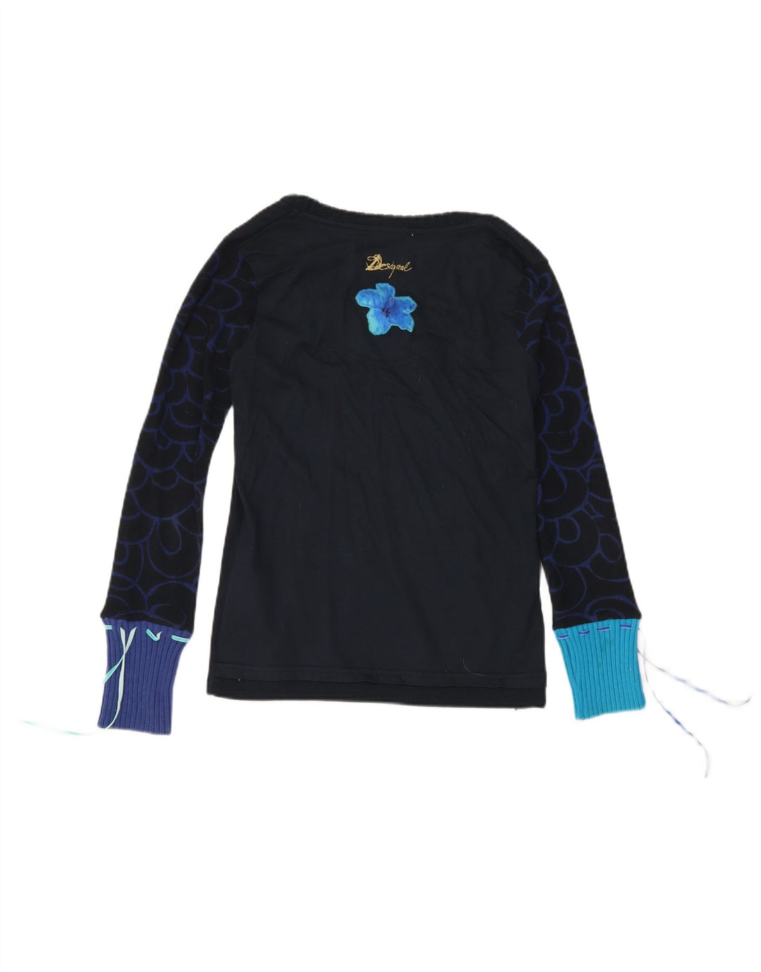 Top gráfico feminino Desigual manga comprida UK 12 médio azul marinho borboleta