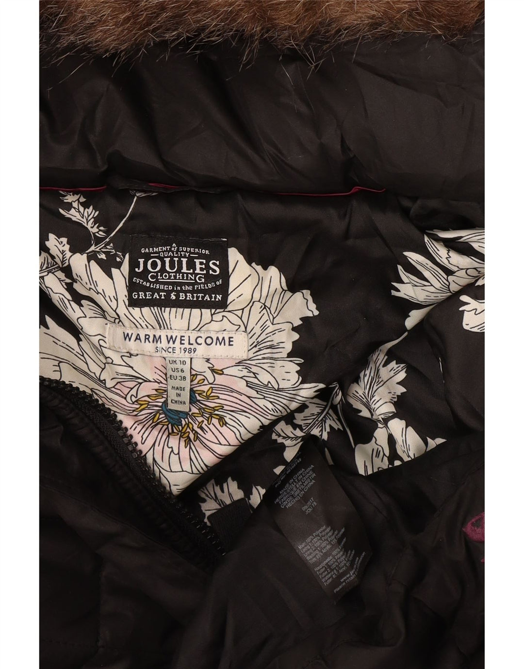 Sobretudo acolchoado com capuz feminino Joules UK 10 pequeno poliéster preto