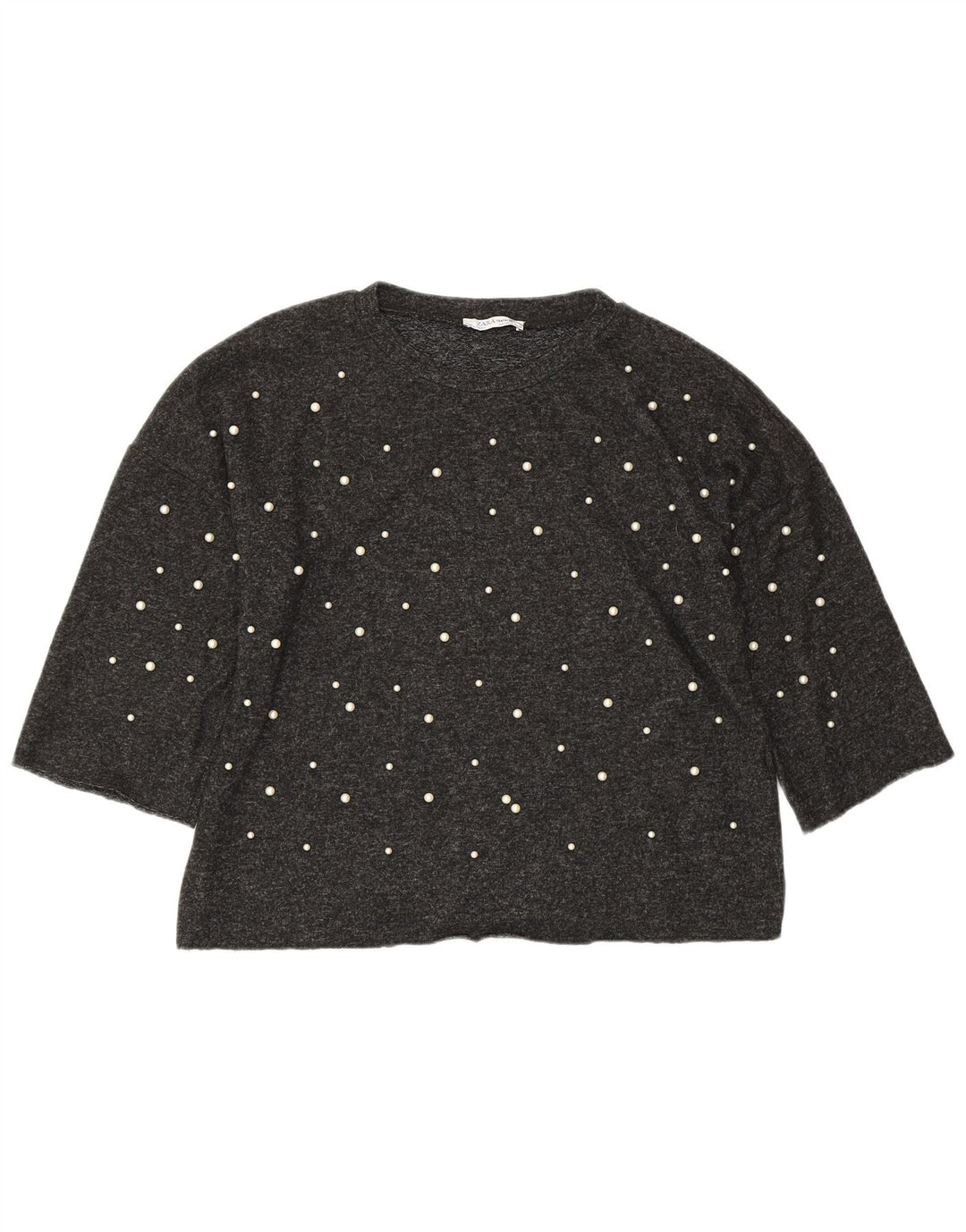 ZARA Top curto feminino oversized manga 3/4 Reino Unido 10 viscose cinza pequena