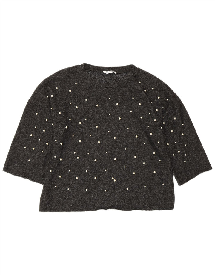 ZARA Top curto feminino oversized manga 3/4 Reino Unido 10 viscose cinza pequena