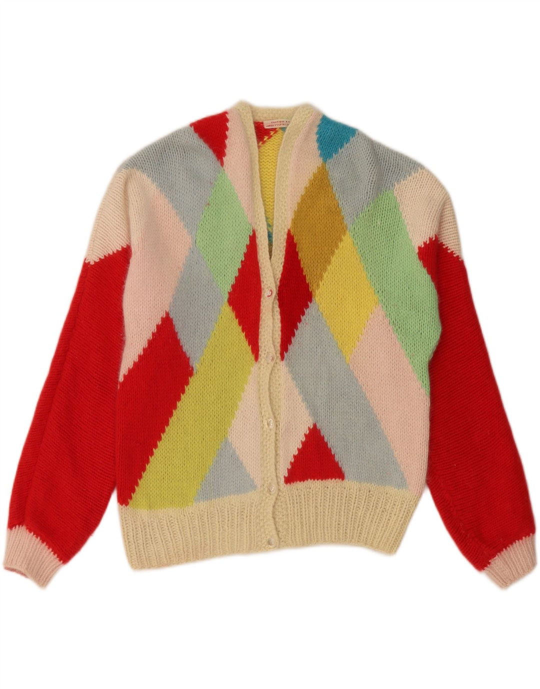 Suéter cardigã feminino VINTAGE UK 14 grande multicolorido Argyle/Diamante