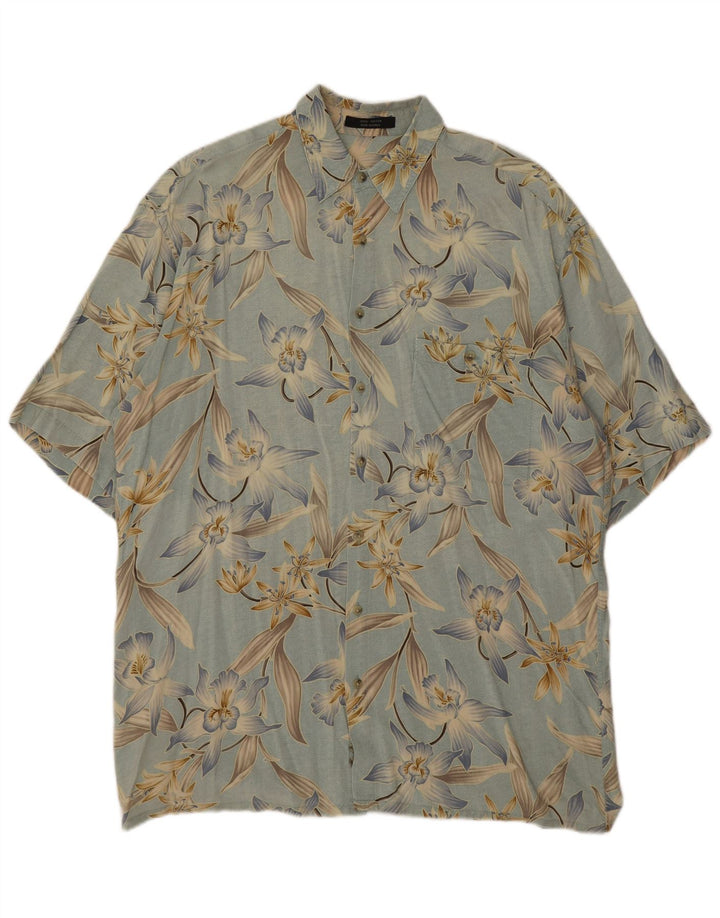 Camisa masculina vintage de manga curta grande rayon floral azul