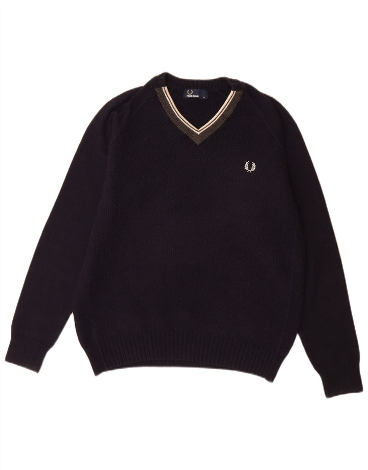FRED PERRY Suéter masculino com decote em V de lã azul marinho médio