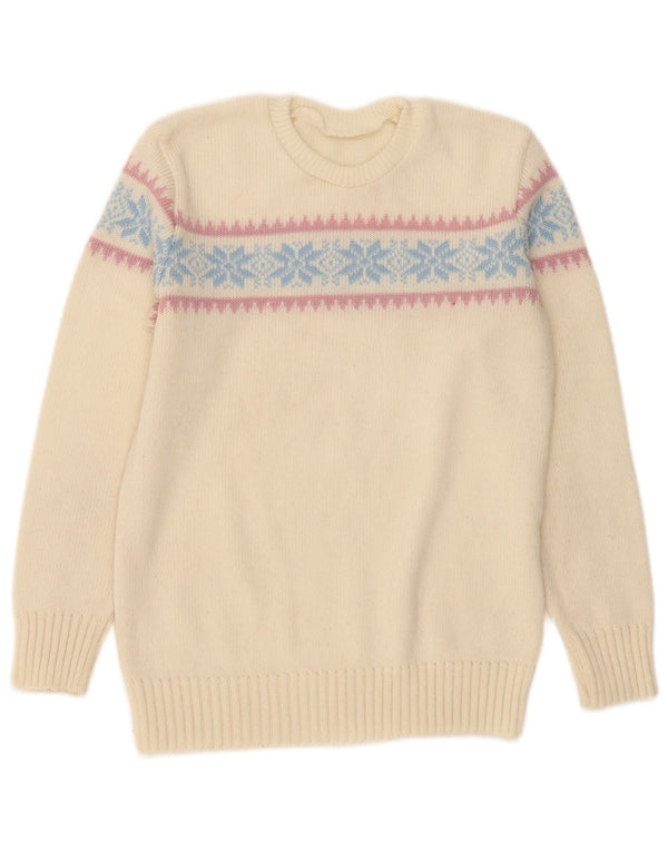 Suéter feminino vintage com gola redonda UK 12 médio bege Fair Isle