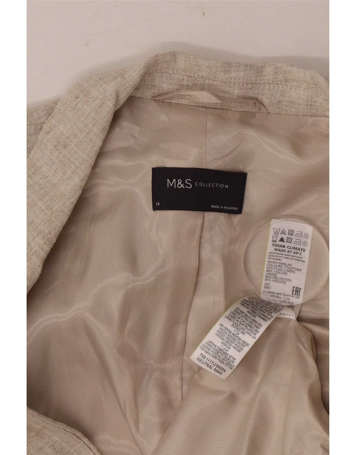 Jaqueta blazer feminina Marks & Spencer manga 3/4 aberta Reino Unido 14 grande bege