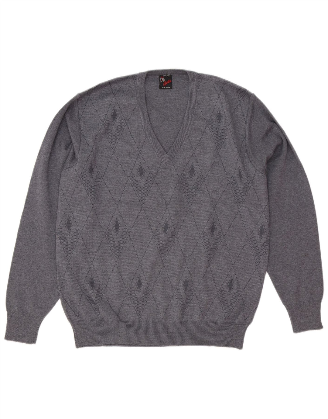 Suéter masculino vintage com decote em V cinza médio Argyle/lã diamante