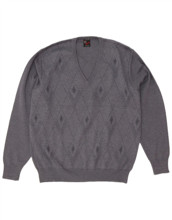 Suéter masculino vintage com decote em V cinza médio Argyle/lã diamante