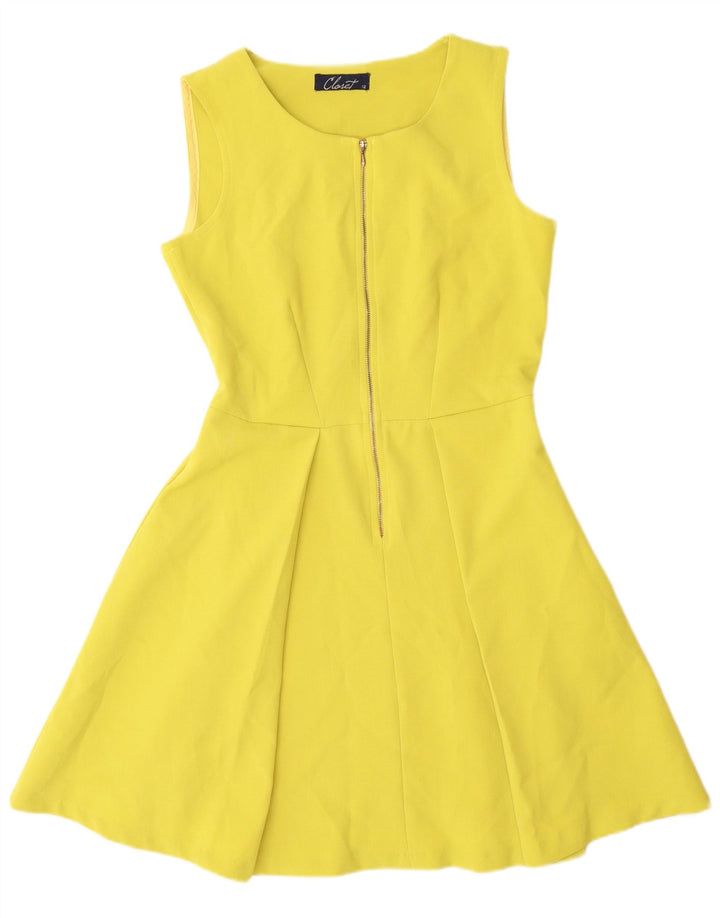 CLOSET Vestido feminino sem mangas evasê UK 12 poliéster amarelo médio