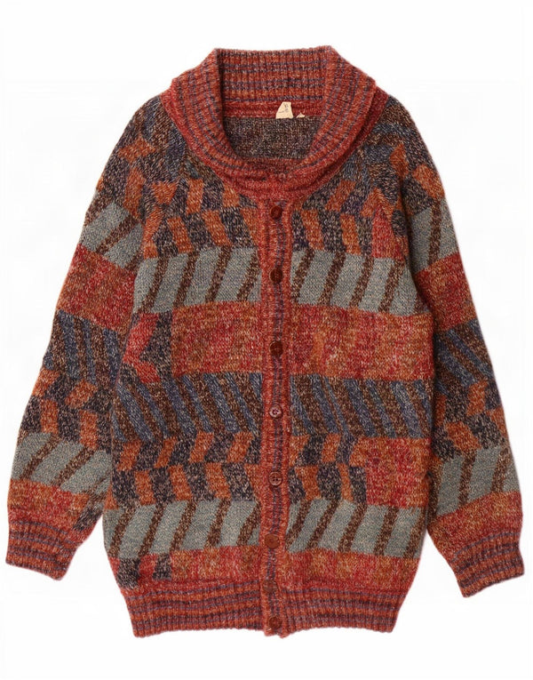 Suéter vintage masculino longline cardigan grande lã geométrica multicolorida
