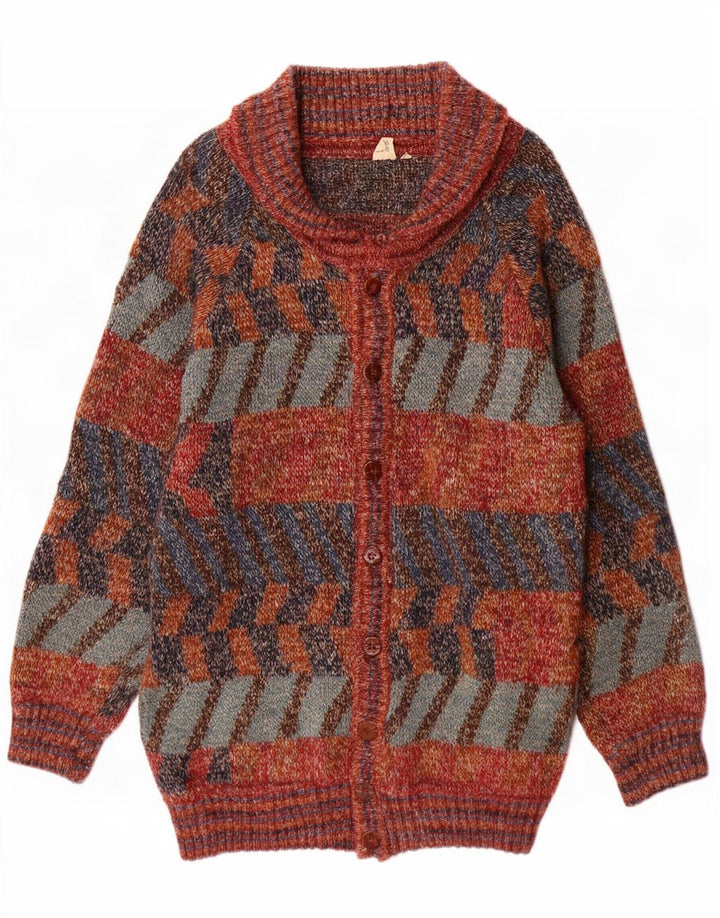 Suéter vintage masculino longline cardigan grande lã geométrica multicolorida