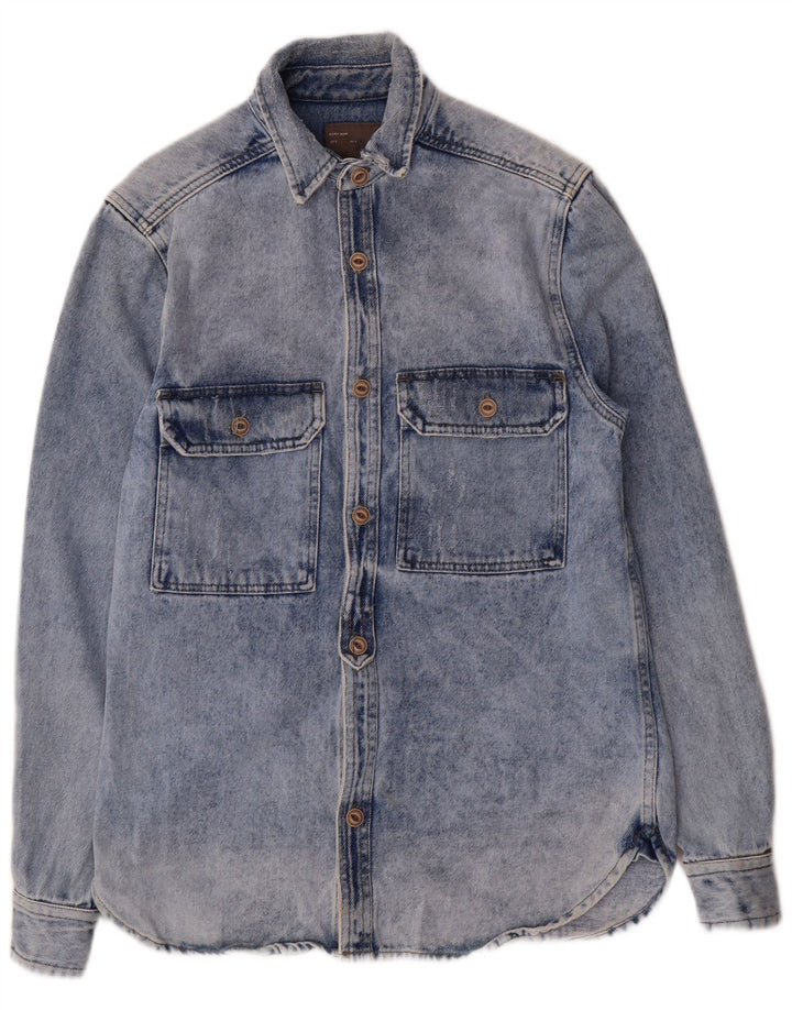 Camisa jeans masculina Zara Regular Fit pequena azul algodão