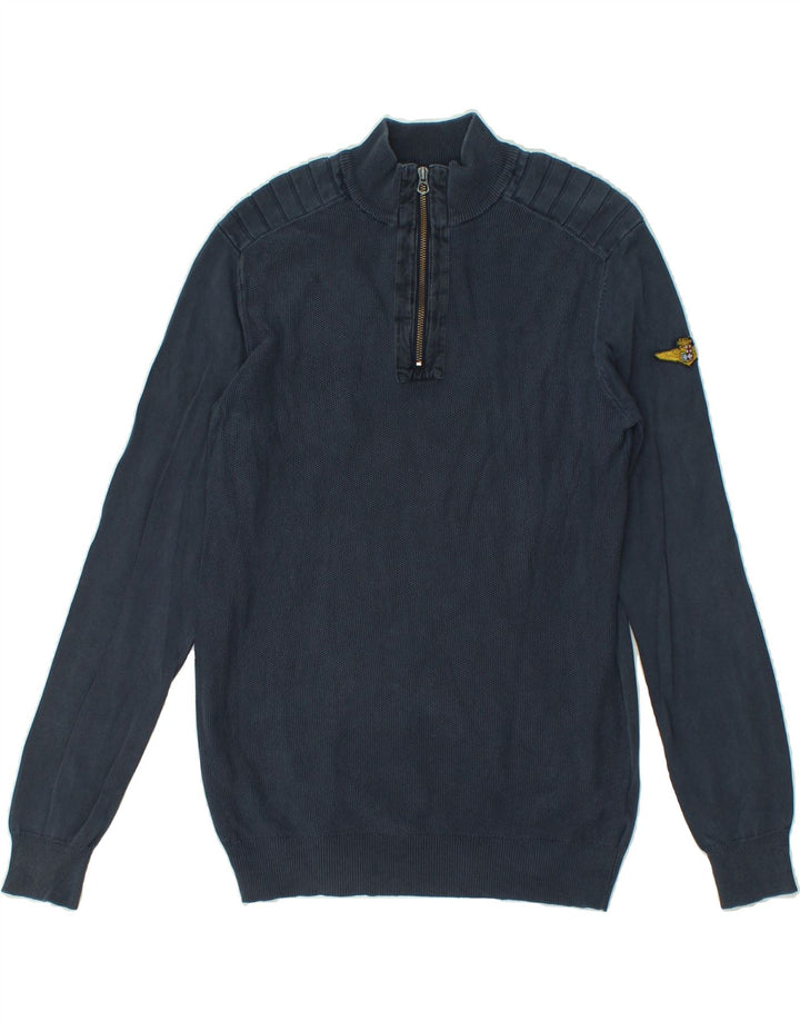VINTAGE Mens Zip Neck Jumper Sweater Medium Navy Blue Cotton Vintage Vintage and Second-Hand Vintage from Messina Hembry 