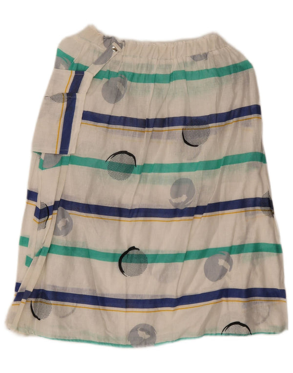 Saia midi feminina vintage Reino Unido 14 médio W28 algodão listrado branco