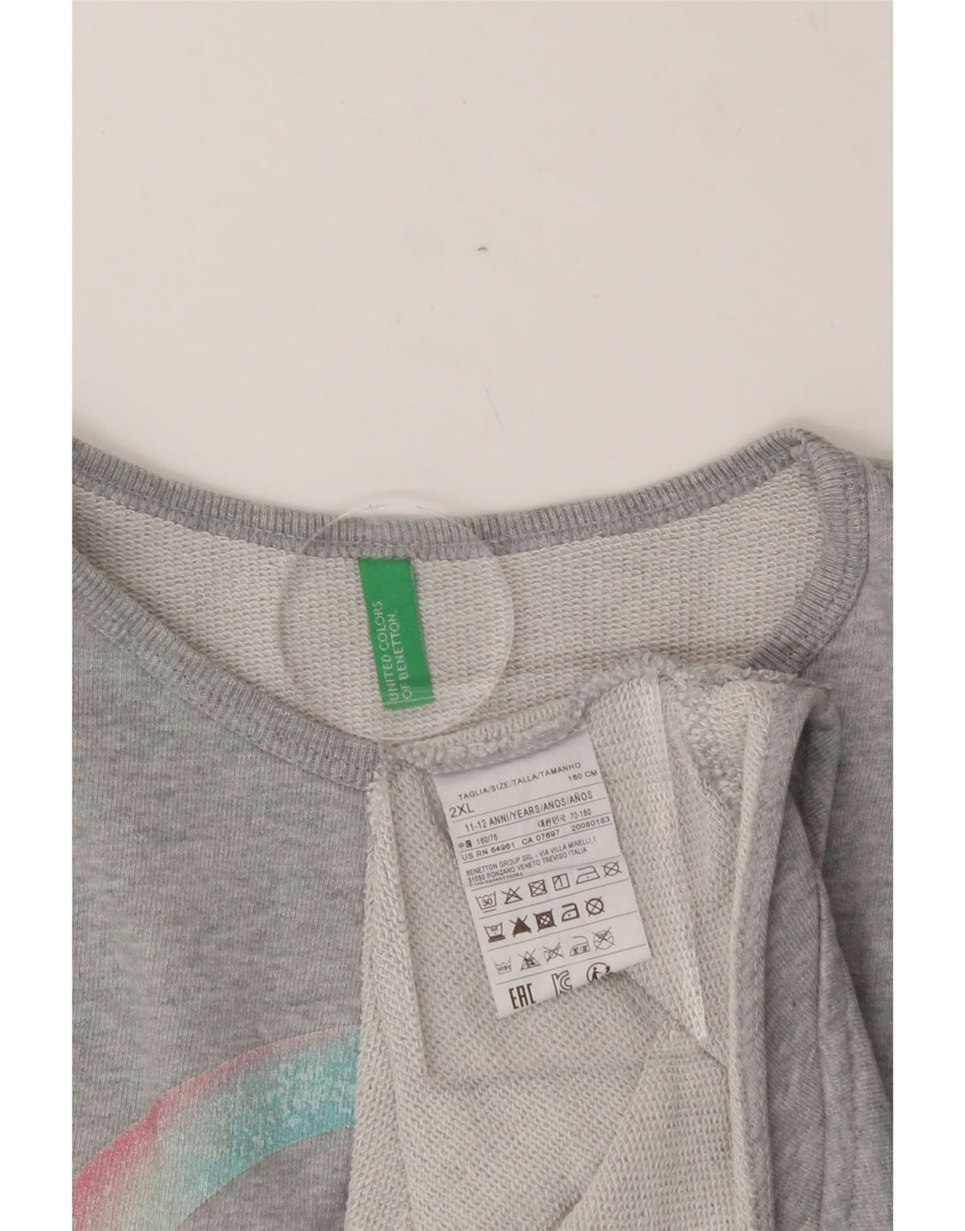 BENETTON Girls Graphic Sweatshirt Jumper 11-12 Years 2XL Grey Cotton Vintage Benetton and Second-Hand Benetton from Messina Hembry 
