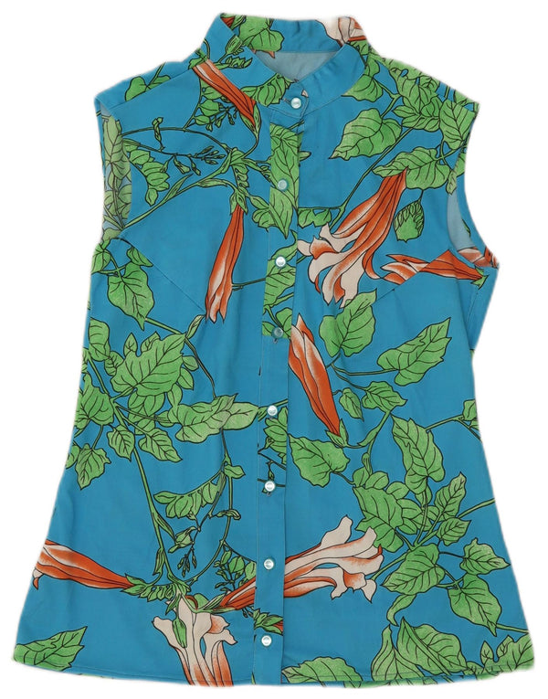 Blusa feminina sem mangas vintage Reino Unido 16 grande floral azul
