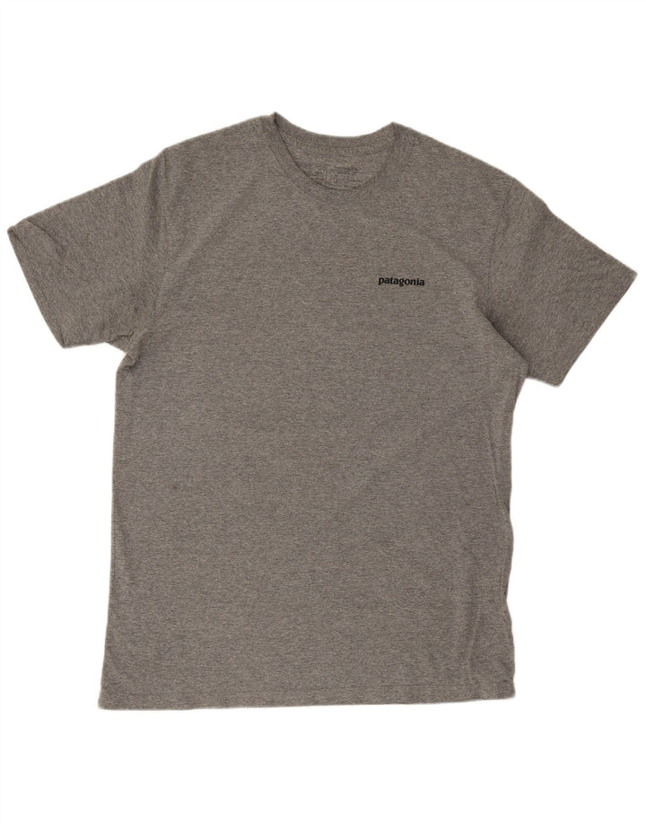 Camiseta masculina Patagonia Regular Fit com estampa gráfica de algodão manchado cinza médio