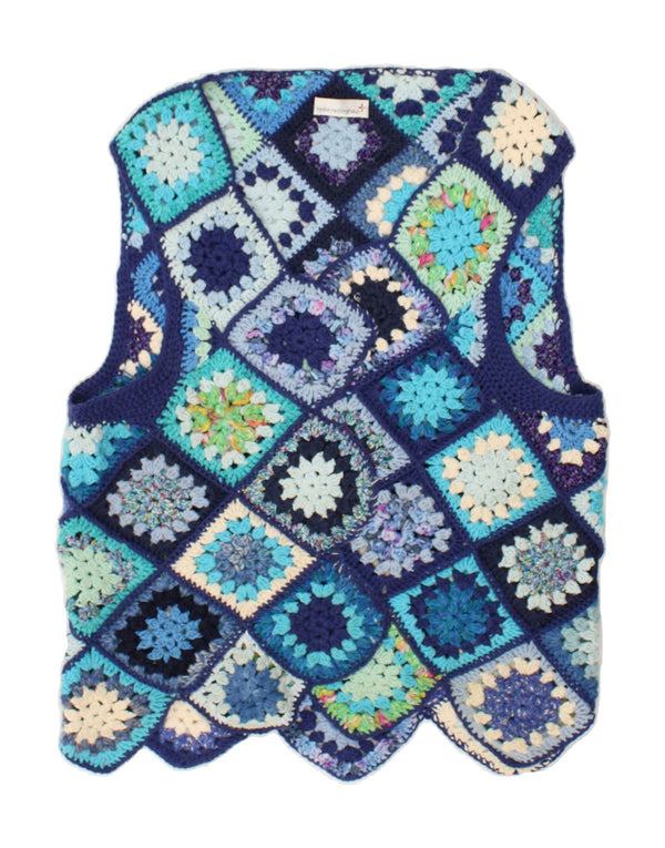 Suéter cardigã feminino sem mangas VINTAGE UK 16 patchwork azul grande