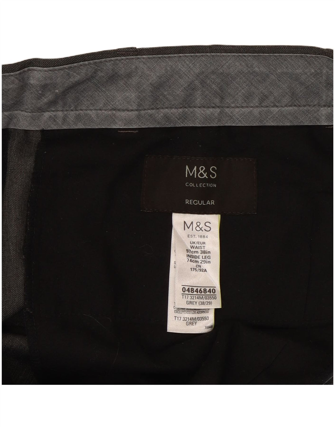 Calça masculina de terno regular Marks & Spencer W38 L29 poliéster cinza