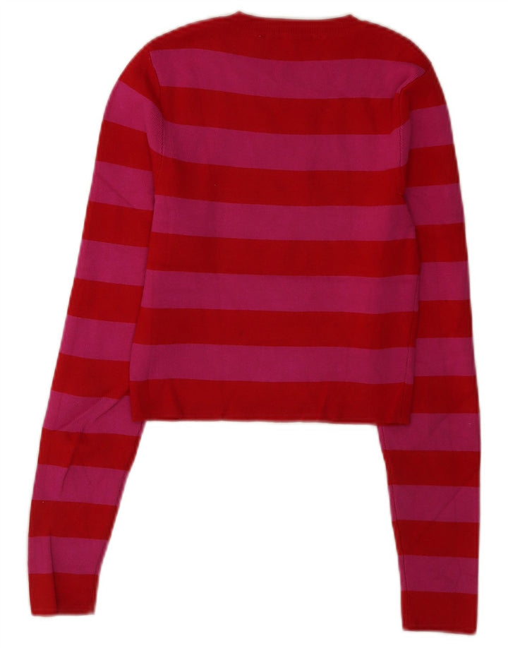 Zara Top curto feminino manga comprida Reino Unido 12 viscose listrada vermelha média