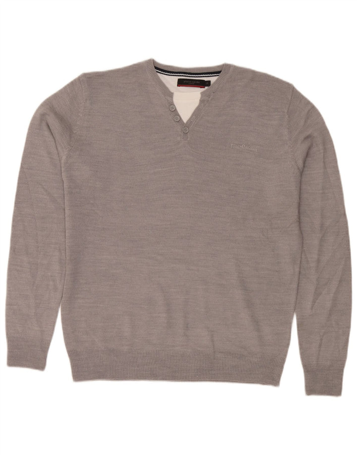 Suéter masculino Pierre Cardin com gola redonda e acrílico cinza médio