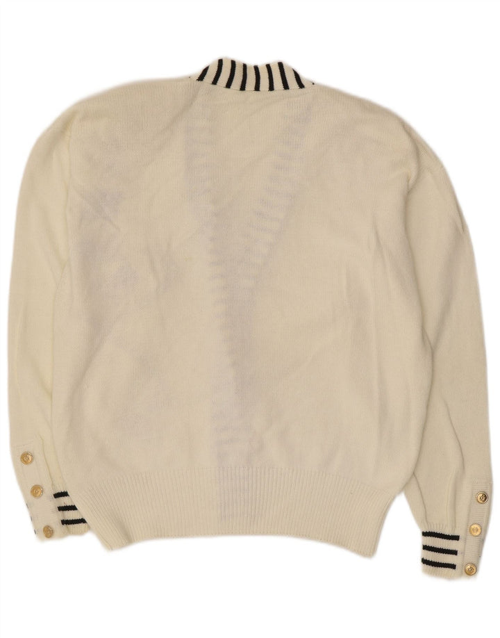 Suéter cardigã gráfico feminino vintage UE 40/42 algodão branco médio