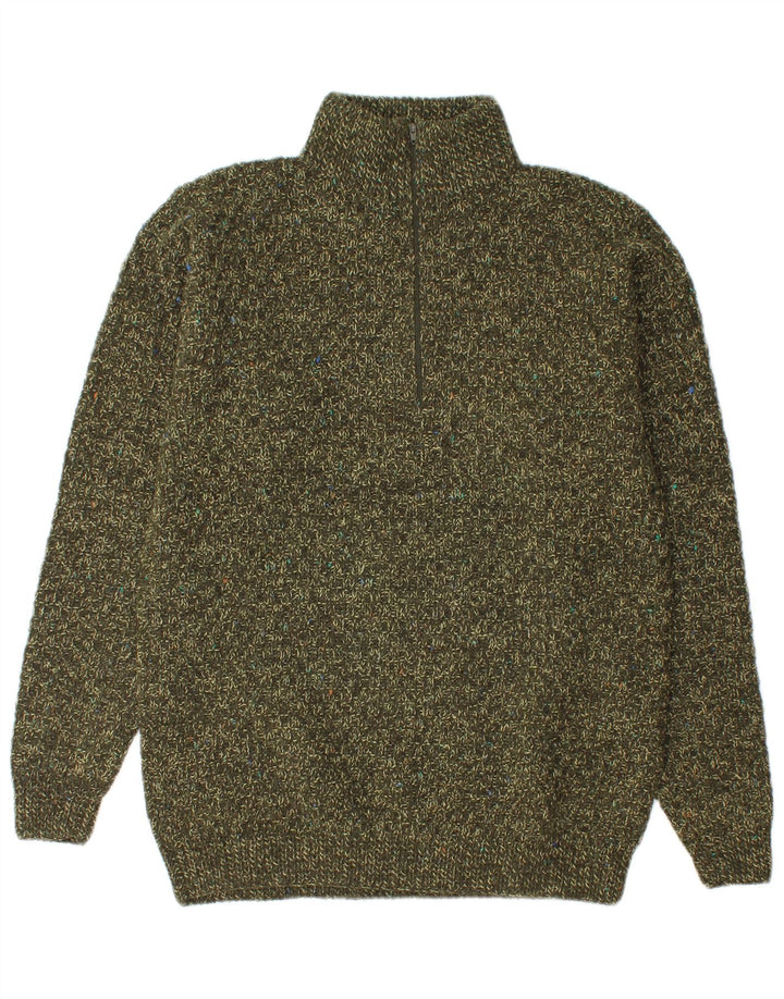 Suéter masculino vintage com zíper e gola média cáqui salpicado