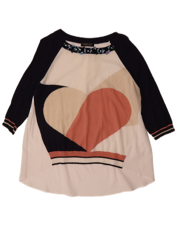 SIMONA BARBIERI Top túnica feminina com padrão abstrato Reino Unido 16 grande branco