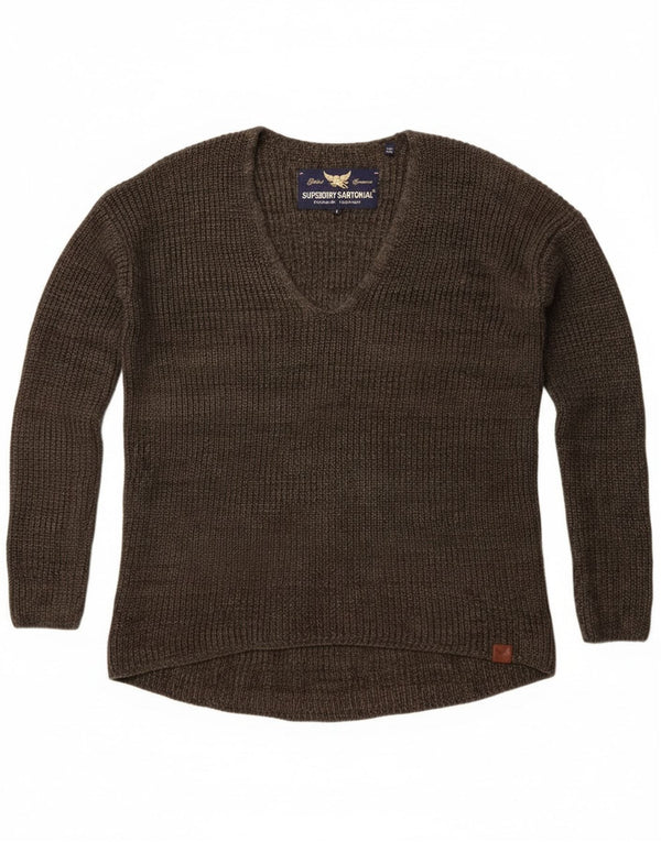 Superdry Suéter feminino superdimensionado com decote em V Reino Unido 6 XS algodão cáqui