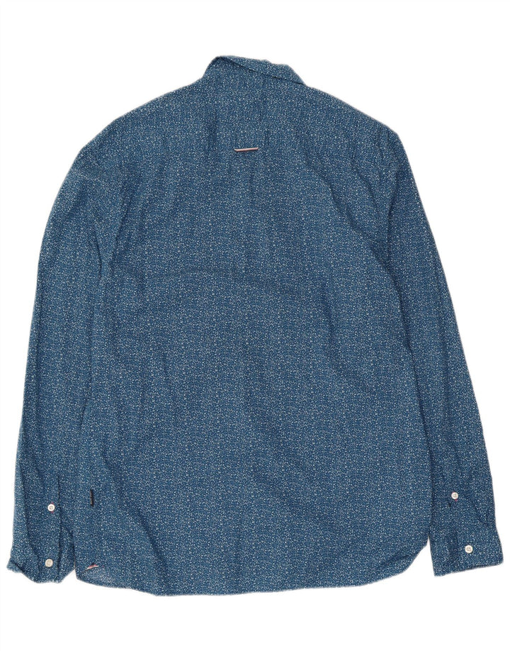 Camisa masculina slim fit branca material grande algodão manchado azul