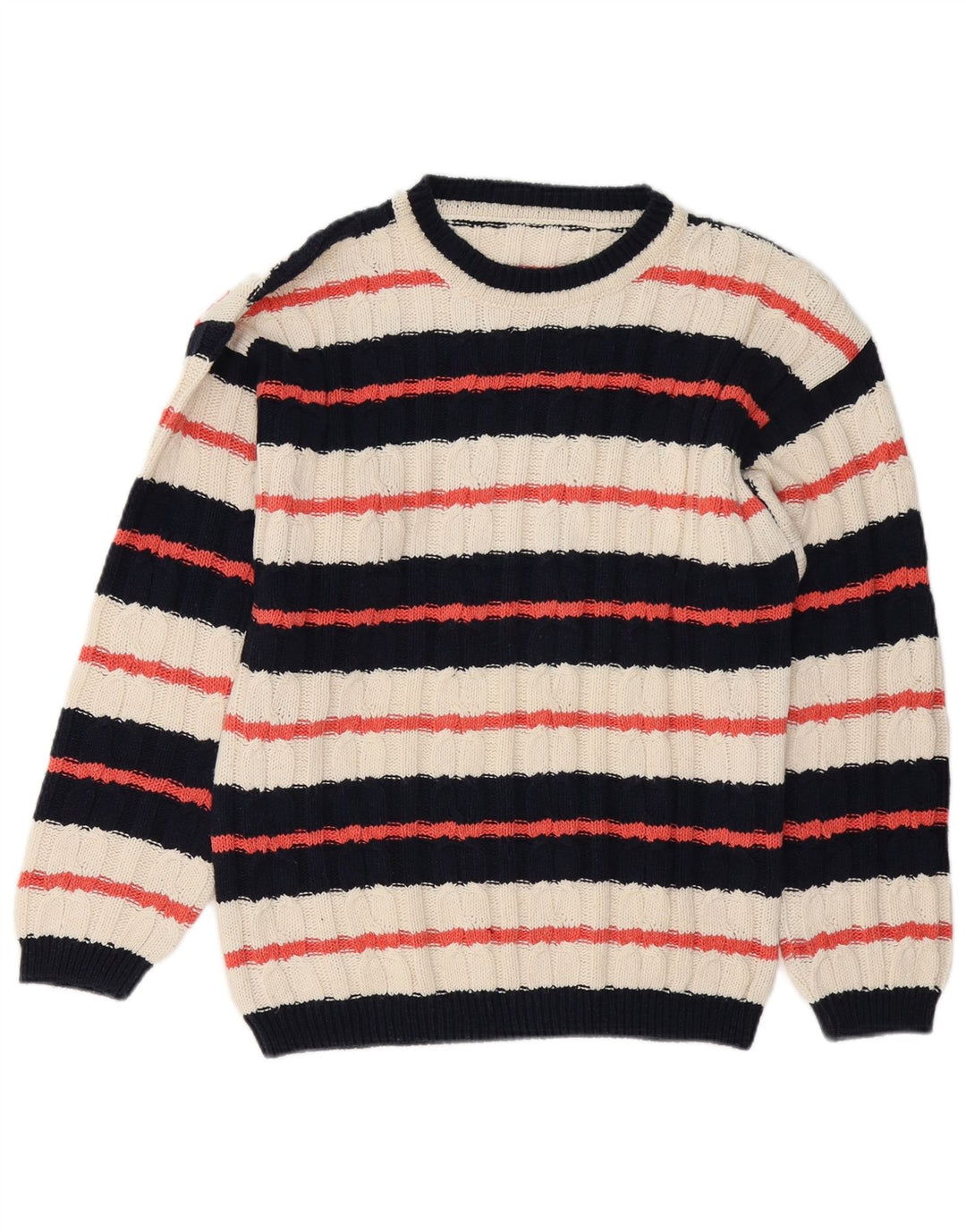 Suéter vintage masculino com gola canoa listrado médio multicolorido