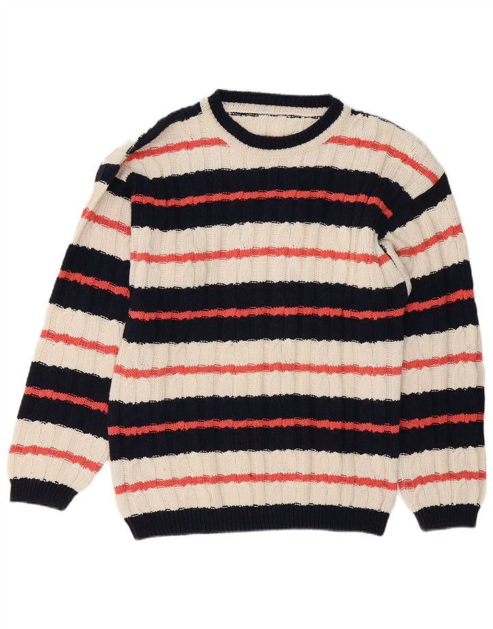 Suéter vintage masculino com gola canoa listrado médio multicolorido