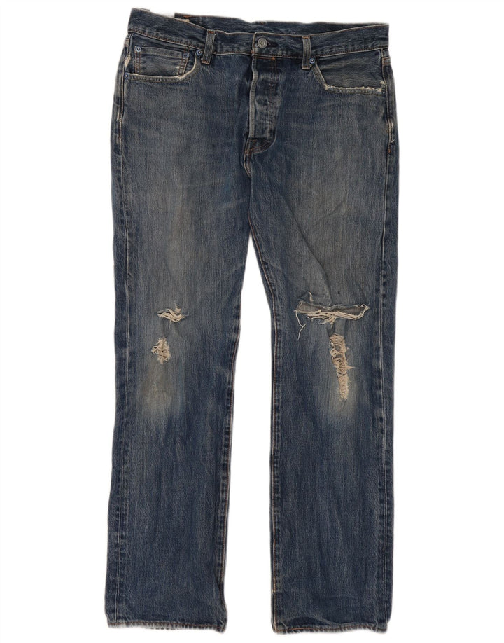 Calça jeans reta masculina Levi's desgastada W34 L32 azul algodão