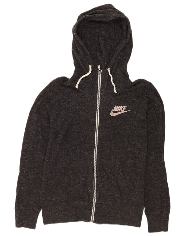 Suéter Nike feminino com capuz e zíper UK 12 algodão manchado cinza médio